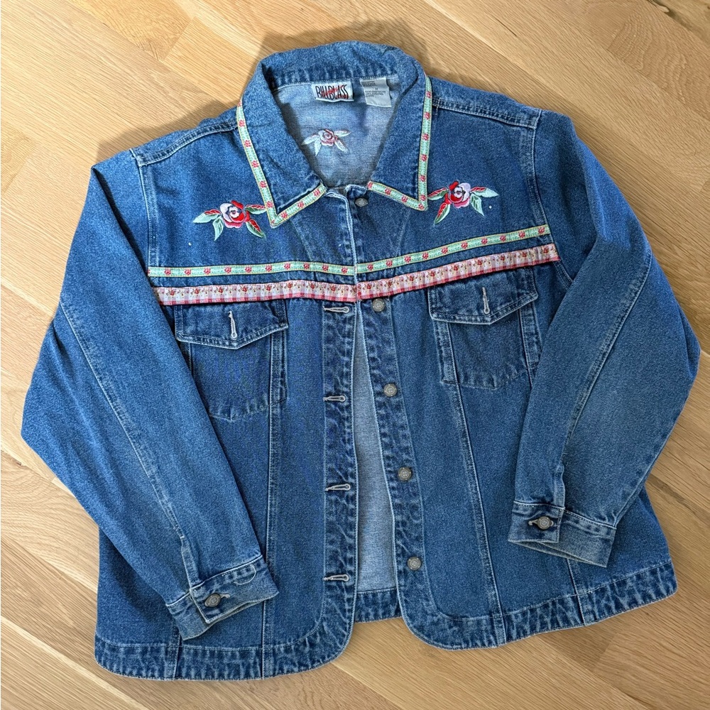 Bill Blass Blue Denim Jacket with Embroidered Floral Design